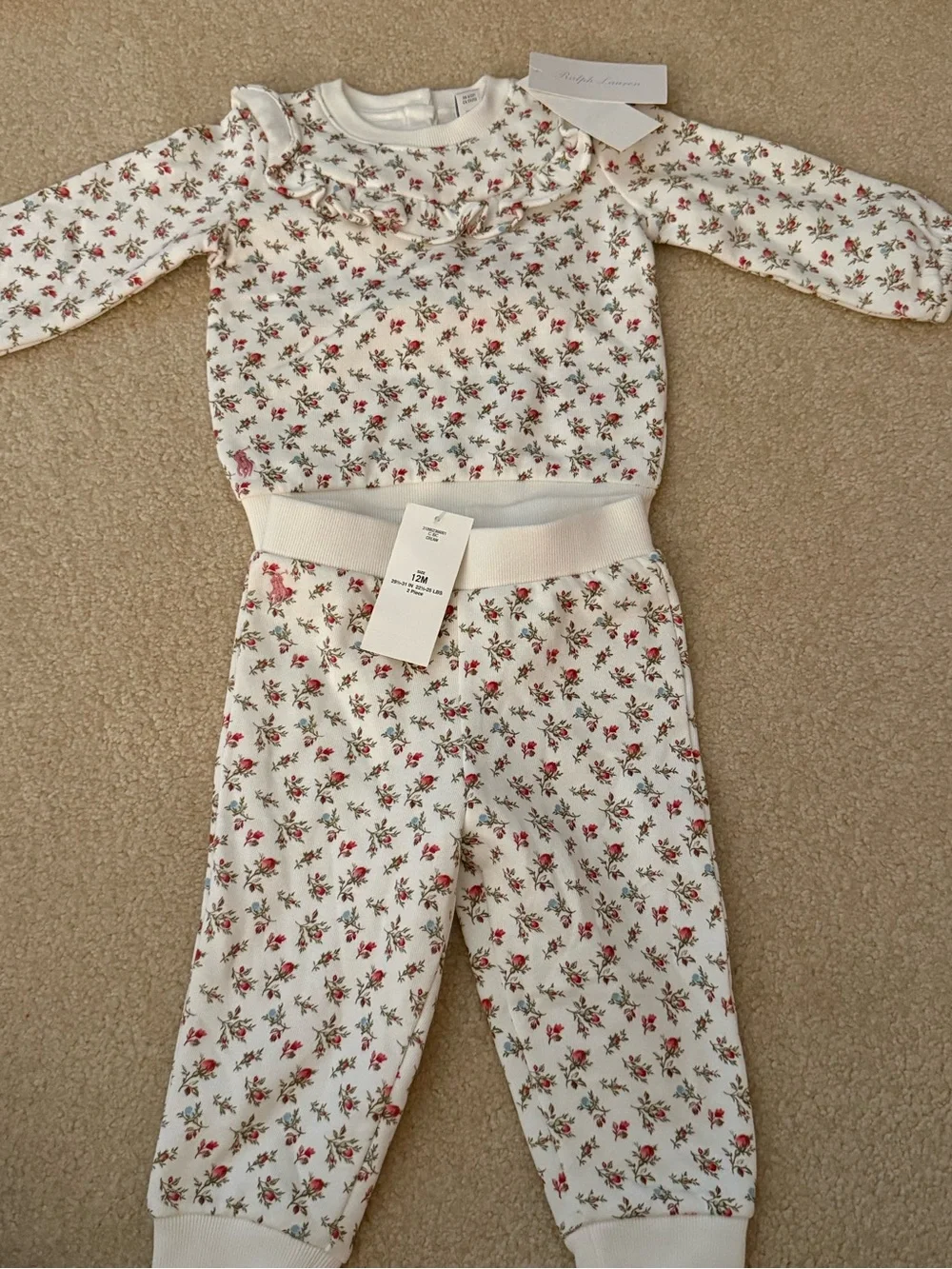 Ralph Lauren Cream Sweats Set with Pink Floral Print
